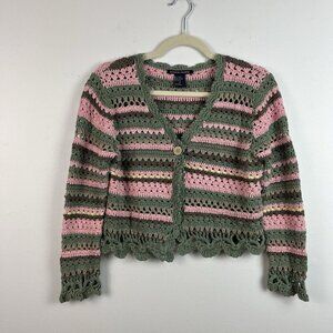 Boston Proper Crochet Cardigan Sweater‎ M Cropped One Button Granny Cottagecore